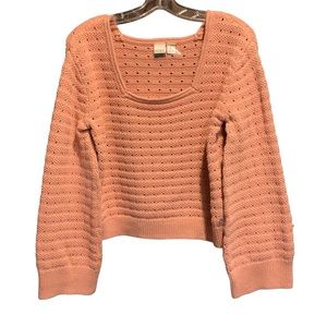 Roxy Crop Sweater Open Knit Square Neck Bell Sleeves  Size S. Dusty Rose Color